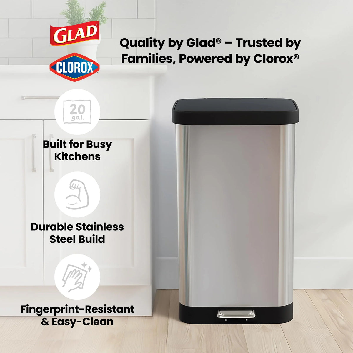 20 Gallon Stainless Steel Step Trash Can, Large Kitchen Garbage Bin with Odor Control