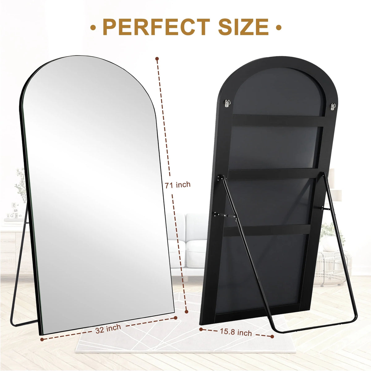 Arched Full Length Wood Floor Mirror, Full Body Standing and Wall Mounted Mirror for Bedroom, Living Room and Home Decor
