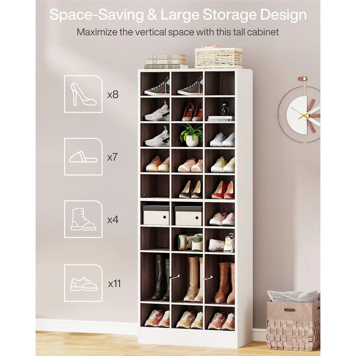 10-Tier Tall Shoe Cabinet, 30-Pair White Wood Shoe Storage Rack for Entryway and Closet