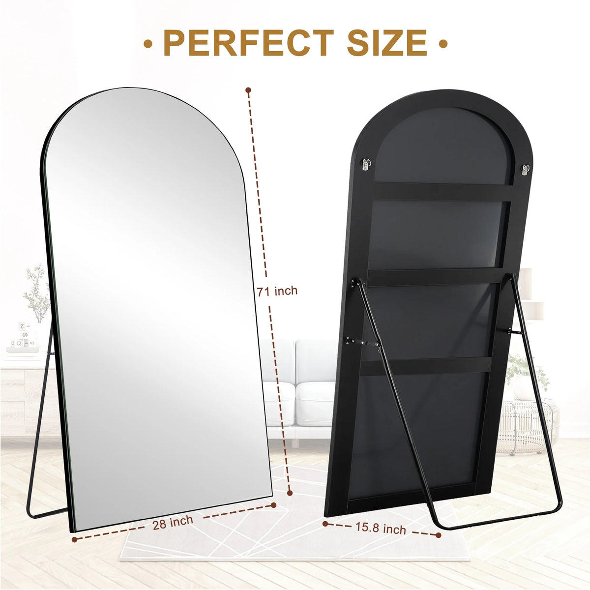 Arched Full Length Wood Floor Mirror, Full Body Standing and Wall Mounted Mirror for Bedroom, Living Room and Home Decor