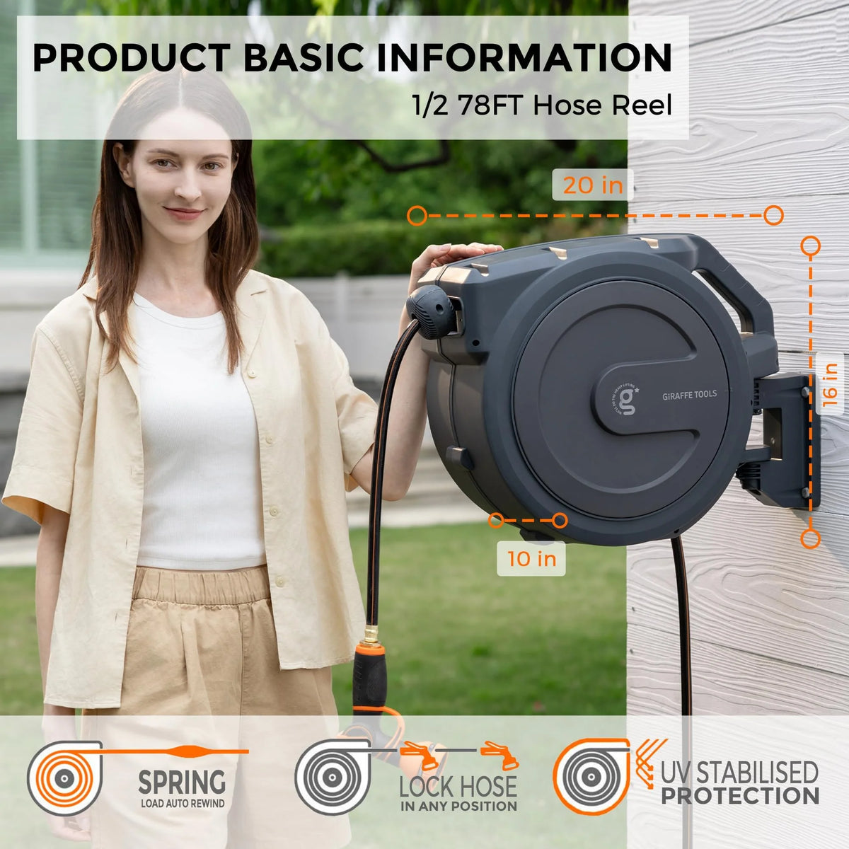 Heavy Duty Wall Mounted Retractable Hose Reel, 1/2 Inch x 78 ft Garden Hose