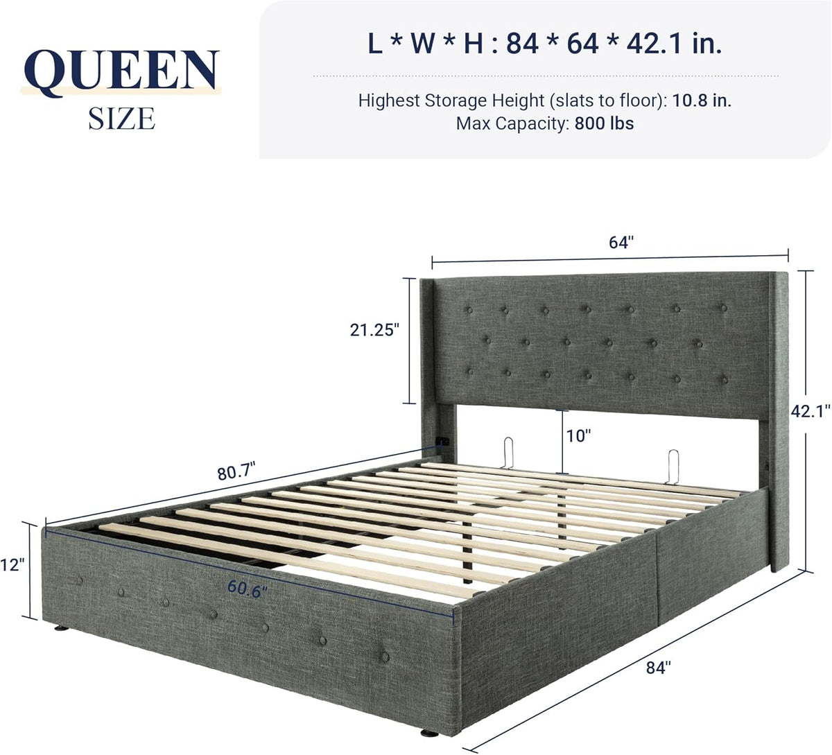 Queen Size Lift Up Storage Bed with Wingback Headboard, Upholstered Platform Bed Frame with Hidden Storage