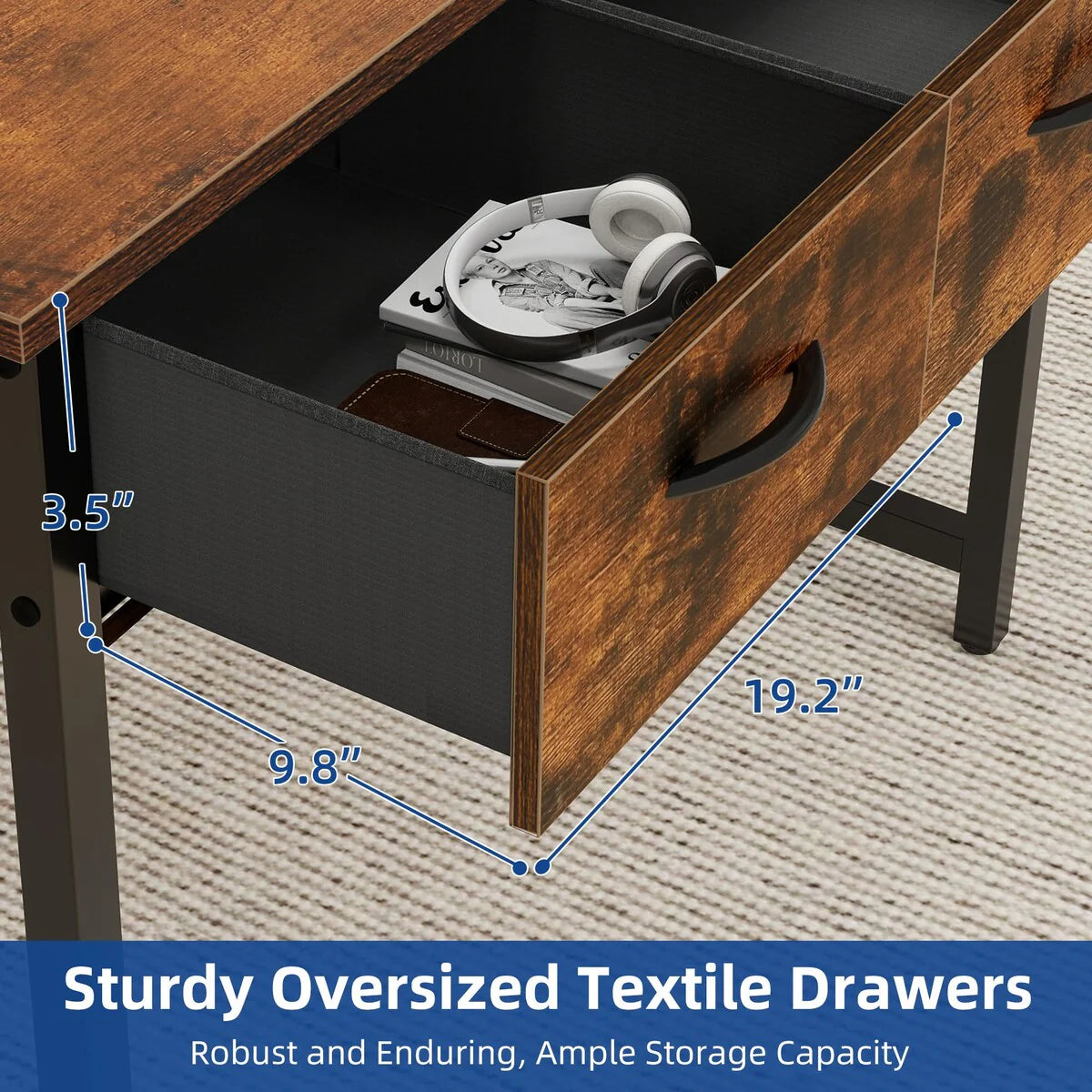 Small Computer Desk with Fabric Drawers and Monitor Stand, Compact Home Office Workstation for Small Spaces