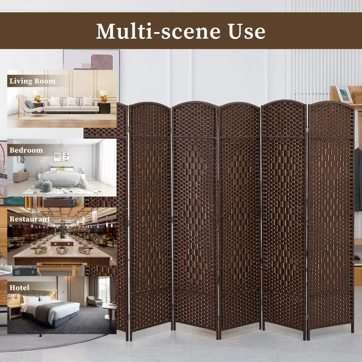6 FT Tall Woven Fiber Room Divider, Freestanding Folding Privacy Screen