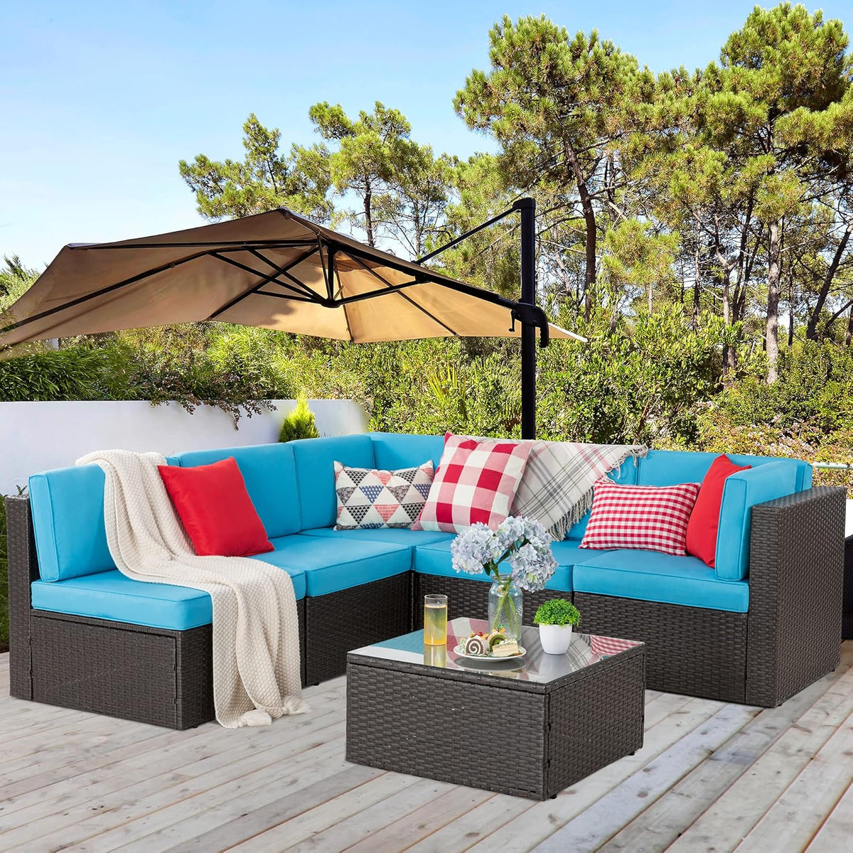 5-Piece All-Weather Patio Furniture Set with Ottoman, Outdoor Wicker Conversation Sofa Set with Cushions for Garden, Deck & Backyard