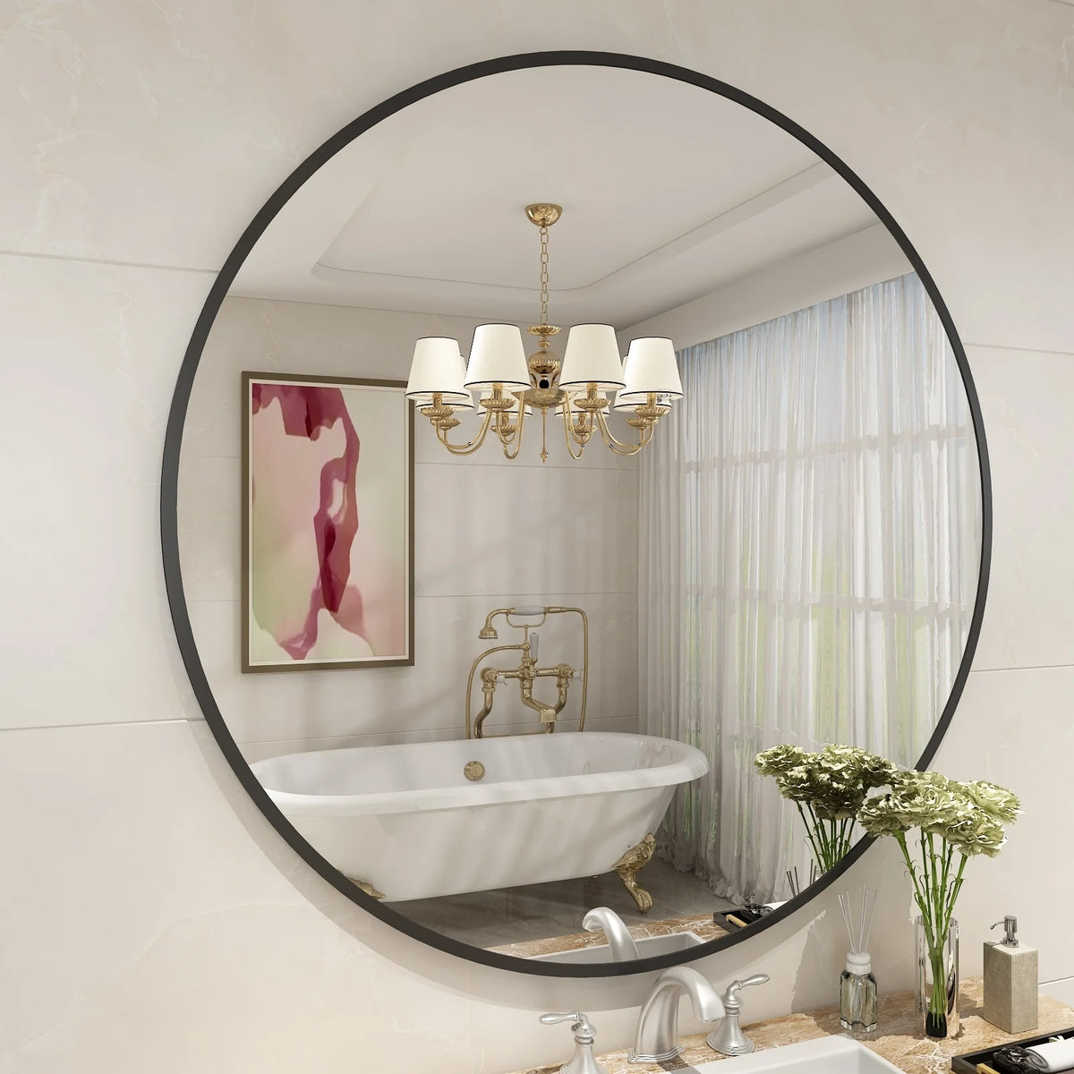 Round Metal Black Frame Bathroom Vanity Mirror, Wall Mounted Decorative Mirror