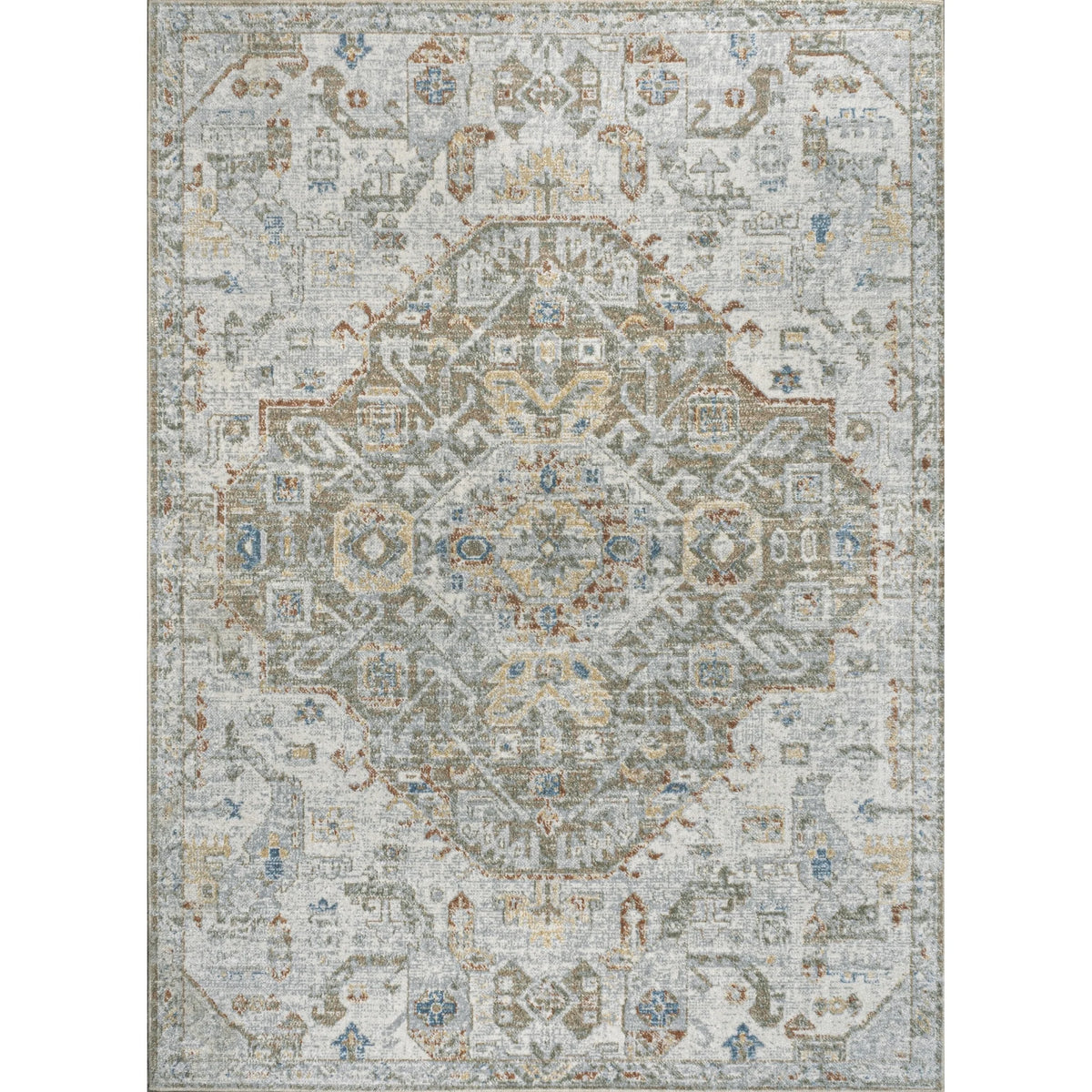 Bohemian Medallion Low-Pile Machine-Washable Area Rug, Cream and Terra