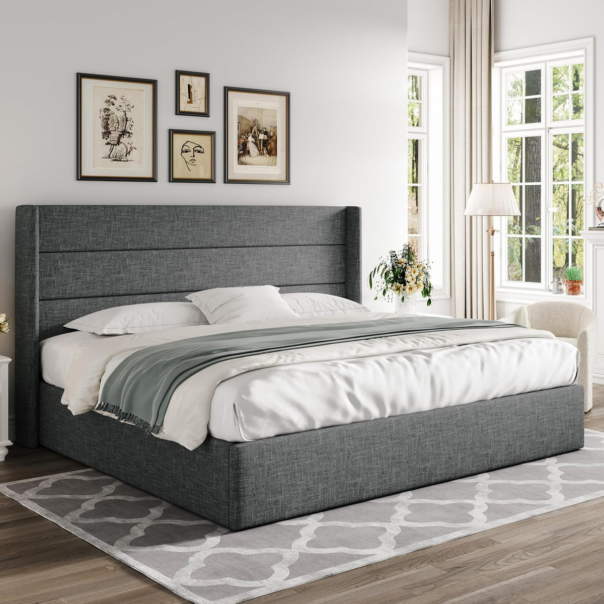 Queen Size Lift Up Storage Bed with Wingback Headboard, Upholstered Platform Bed Frame with Hidden Storage