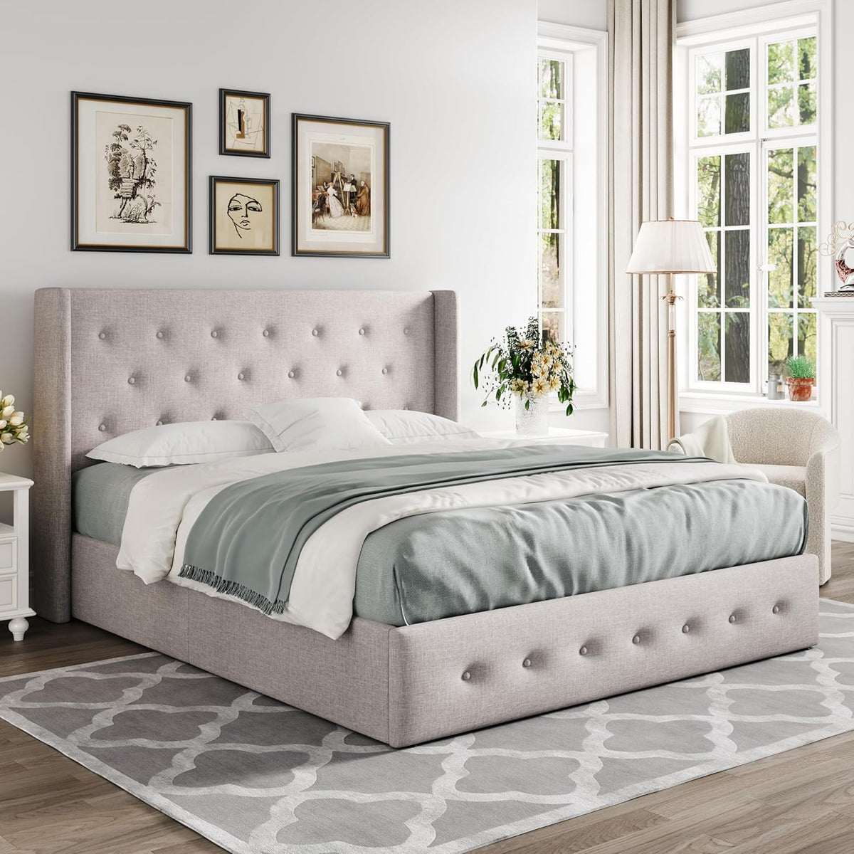 Queen Size Lift Up Storage Bed with Wingback Headboard, Upholstered Platform Bed Frame with Hidden Storage