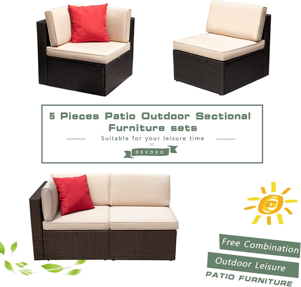 5-Piece All-Weather Patio Furniture Set with Cushions, Outdoor Wicker Conversation Sofa Set for Garden, Deck & Backyard
