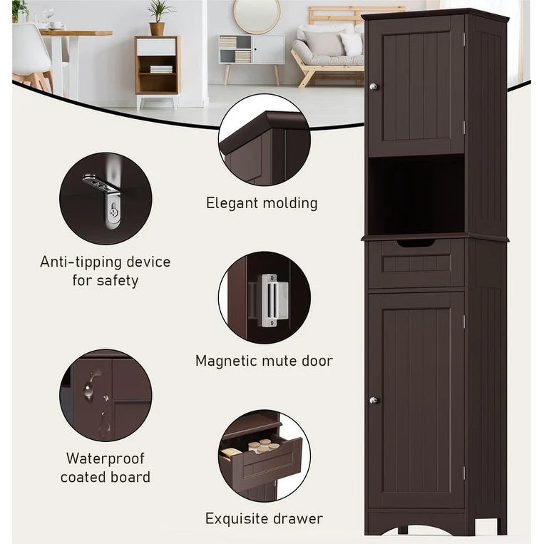 67 Inch Tall Narrow Bathroom Linen Cabinet, 5-Tier Solid Wood Freestanding Storage Cabinet