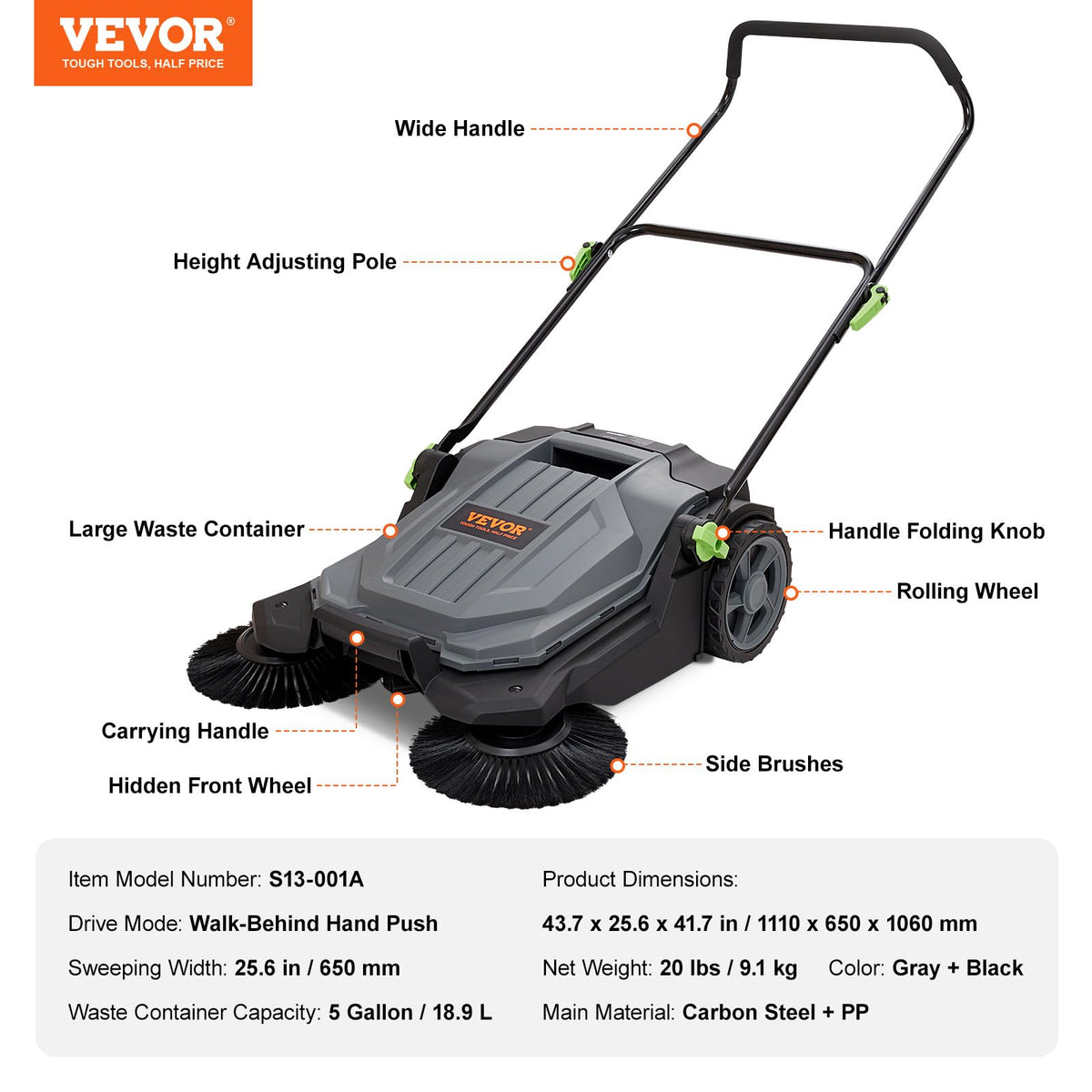 Walk-Behind Hand Push Floor Sweeper, 5-Gallon Waste Container, Manual Outdoor Sweeping Machine