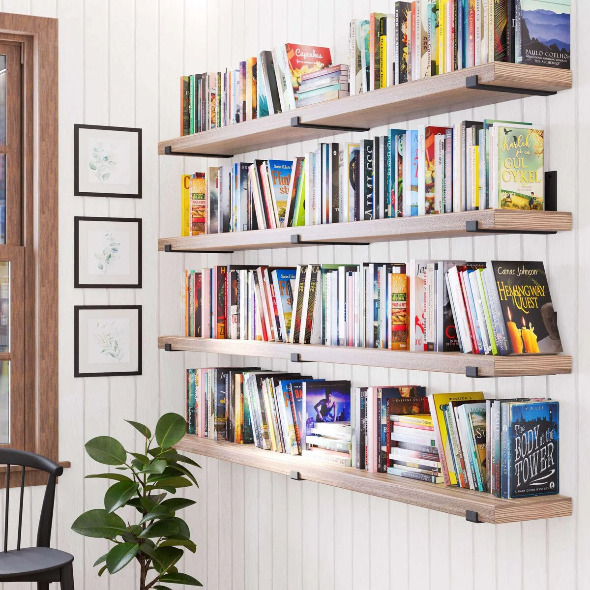 72 Inch Floating Wood Wall Shelves, Set of 2 Burnt Wood Display and Storage Shelves for Home Decor