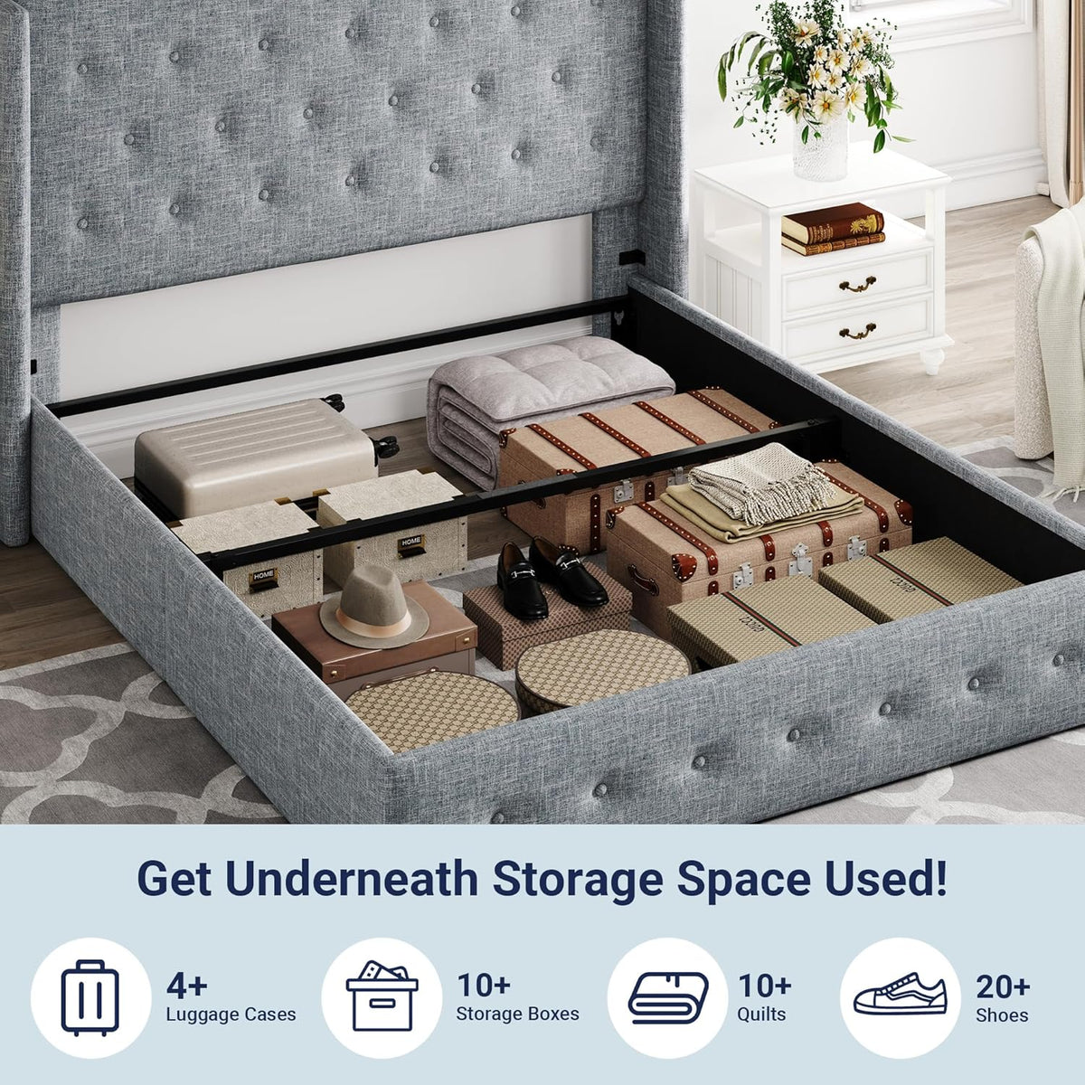 Queen Size Lift Up Storage Bed with Wingback Headboard, Upholstered Platform Bed Frame with Hidden Storage