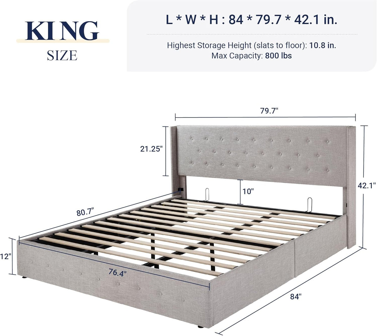 Queen Size Lift Up Storage Bed with Wingback Headboard, Upholstered Platform Bed Frame with Hidden Storage