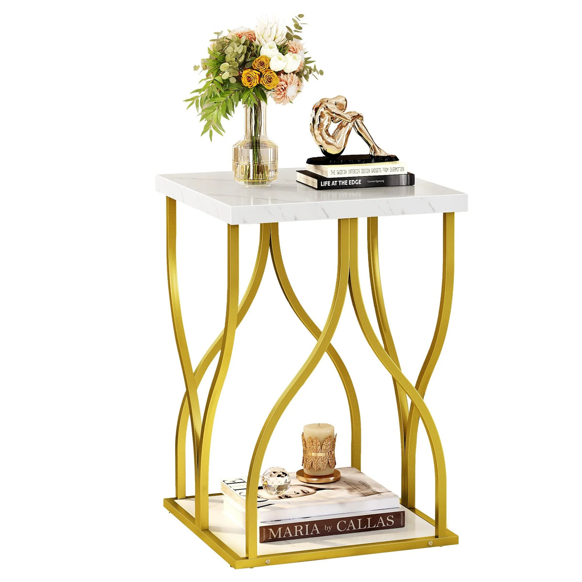 Modern Gold Console Table with Marbled Top, Sofa Table for Entryway and Hallway