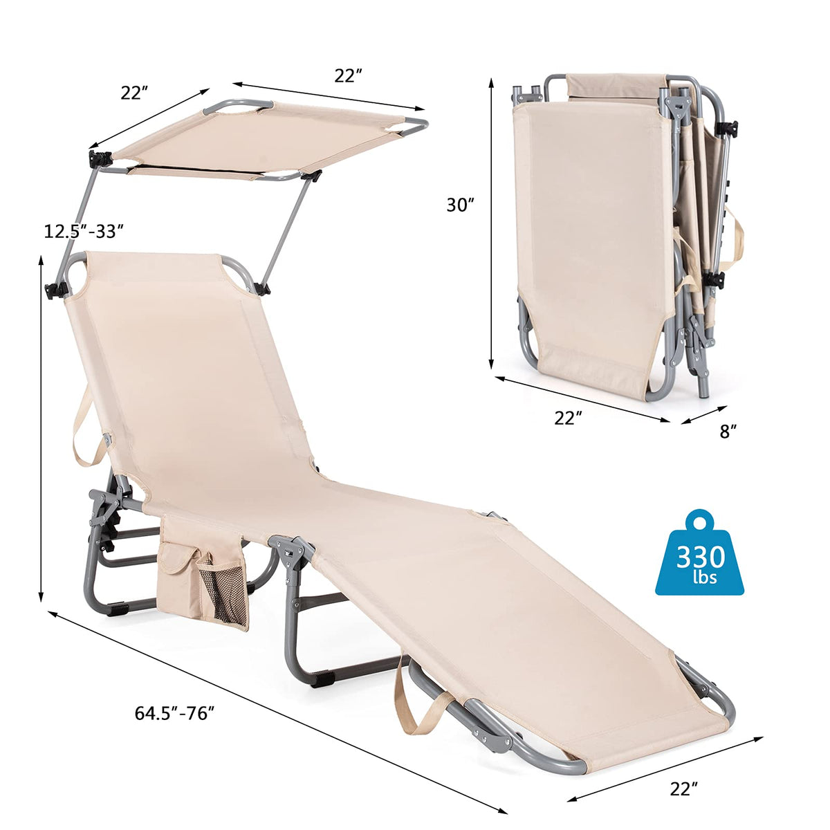 Folding Lounge Chair with Canopy �� Shade Chair with Storage Pocket
