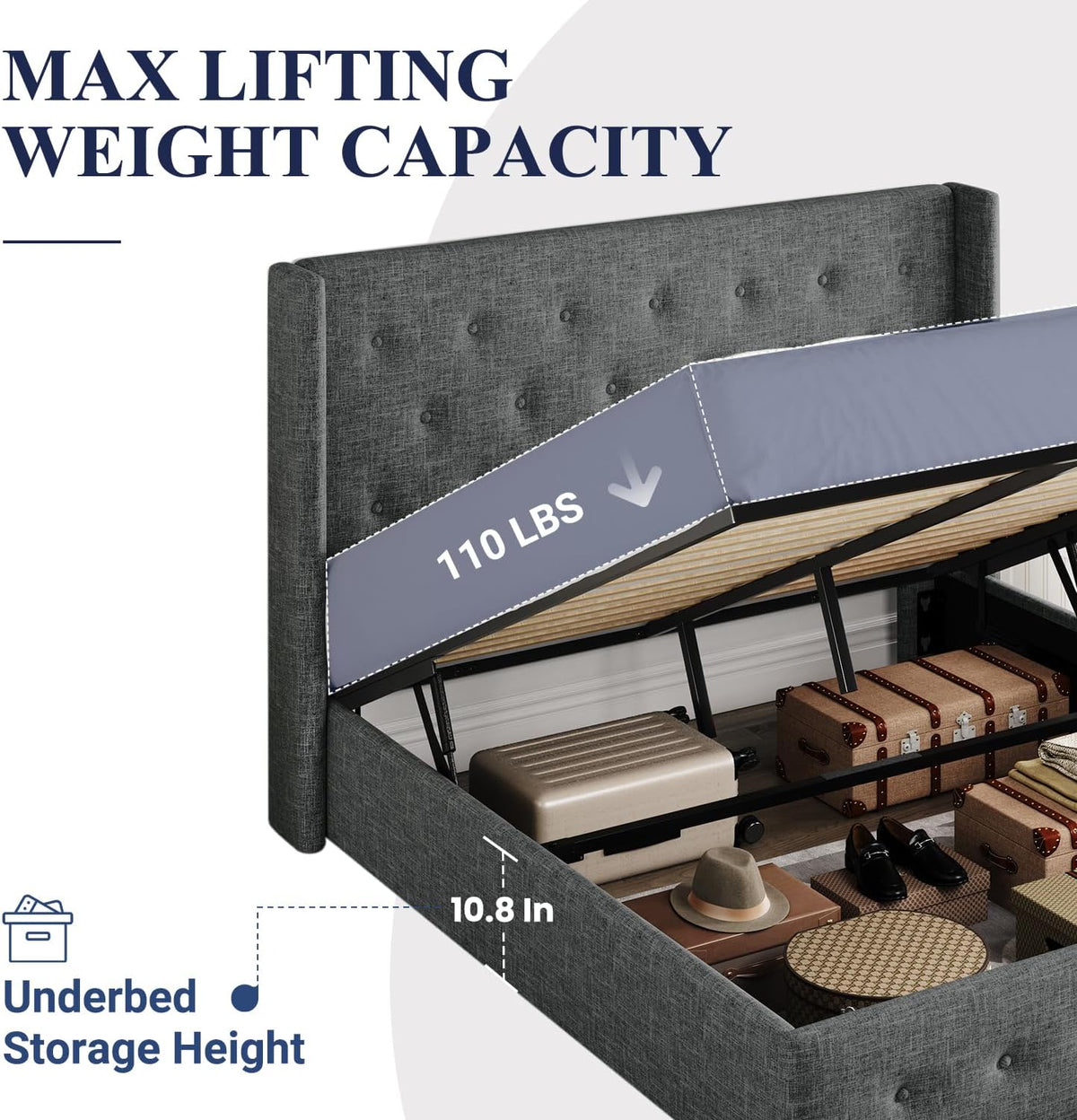 Queen Size Lift Up Storage Bed with Wingback Headboard, Upholstered Platform Bed Frame with Hidden Storage