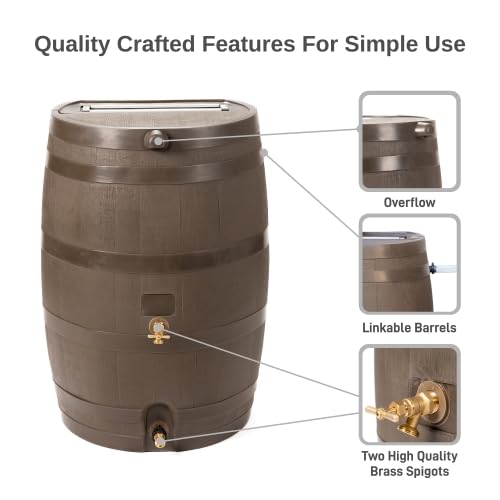 50 Gallon Rain Barrel with Brass Spigot, Large Outdoor Rainwater Collection and Storage Container for Garden