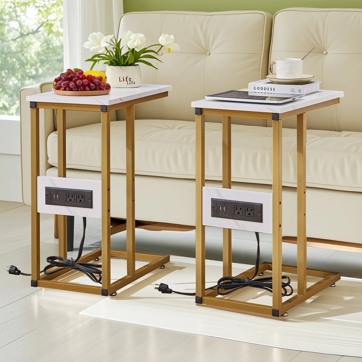 Set of 2 C-Shaped Sofa Side Tables, Small End Tables for Living Room, Bedside and TV Tray