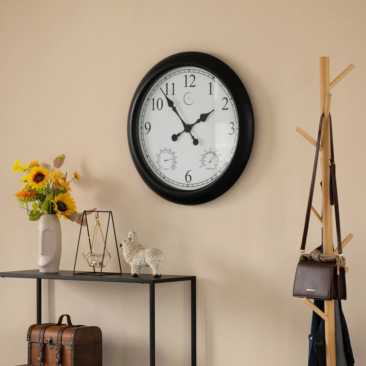 Large Outdoor Wall Clock with Thermometer, Waterproof Silent Garden Weather Station, Black