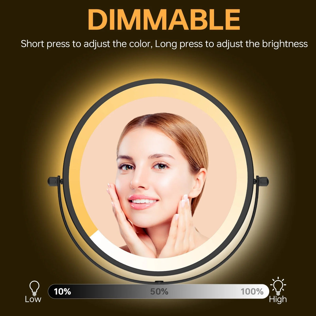 8 Inch Round Wall Mounted Makeup Mirror, Rechargeable, 1X/10X Magnification, 3-Color LED Lights