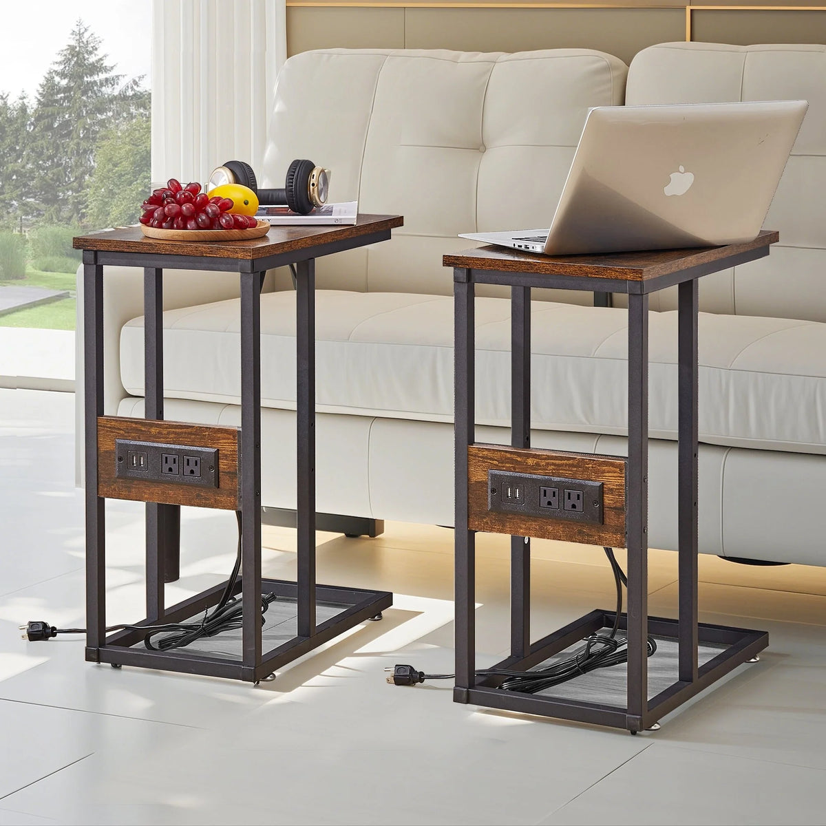 Set of 2 C-Shaped Sofa Side Tables, Small End Tables for Living Room, Bedside and TV Tray