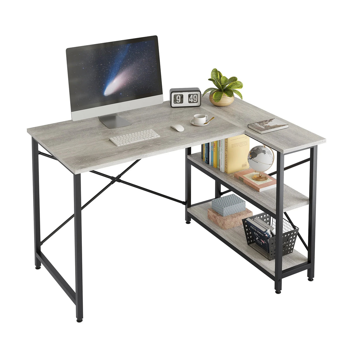 Small L Shaped Computer Desk with Storage Shelves, Compact Corner Workstation for Home Office and Study