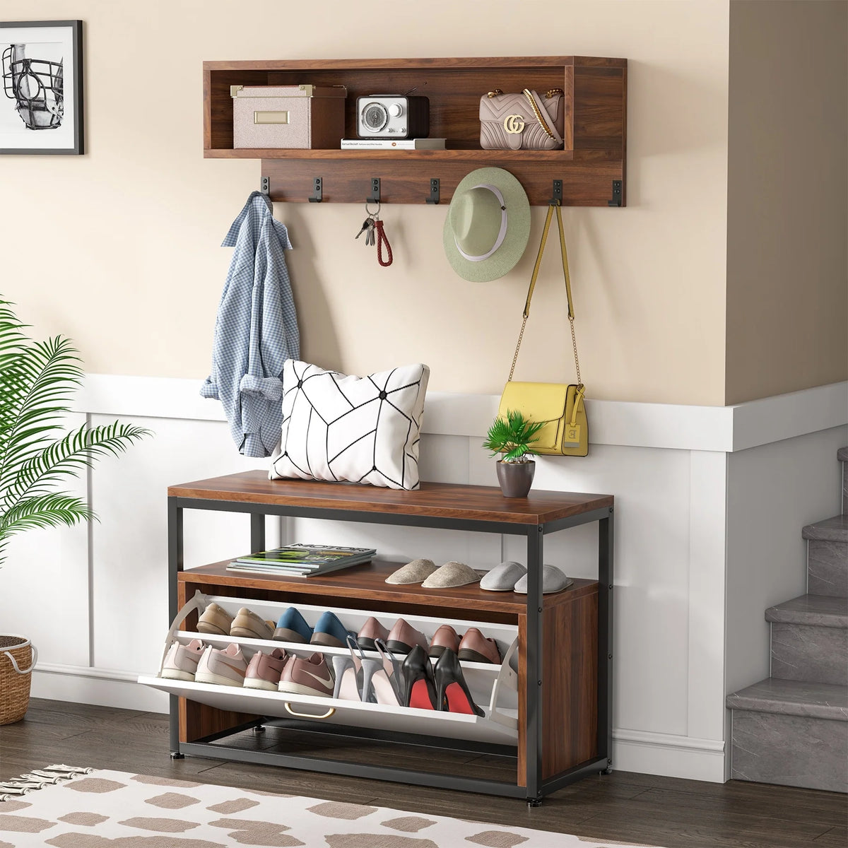 Entryway Coat Rack and Shoe Bench Set, Industrial Hall Tree with Coat and Shoe Storage