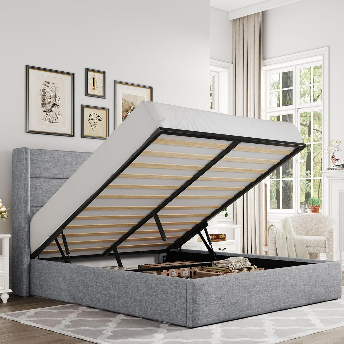 Queen Size Lift Up Storage Bed with Wingback Headboard, Upholstered Platform Bed Frame with Hidden Storage