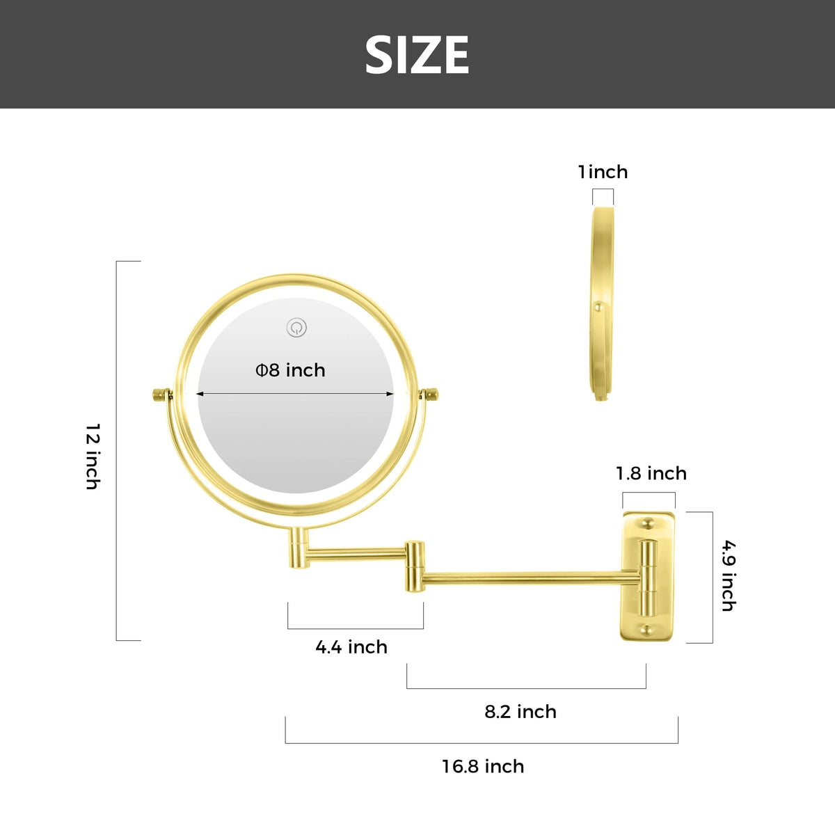 8 Inch Round Wall Mounted Makeup Mirror, Rechargeable, 1X/10X Magnification, 3-Color LED Lights