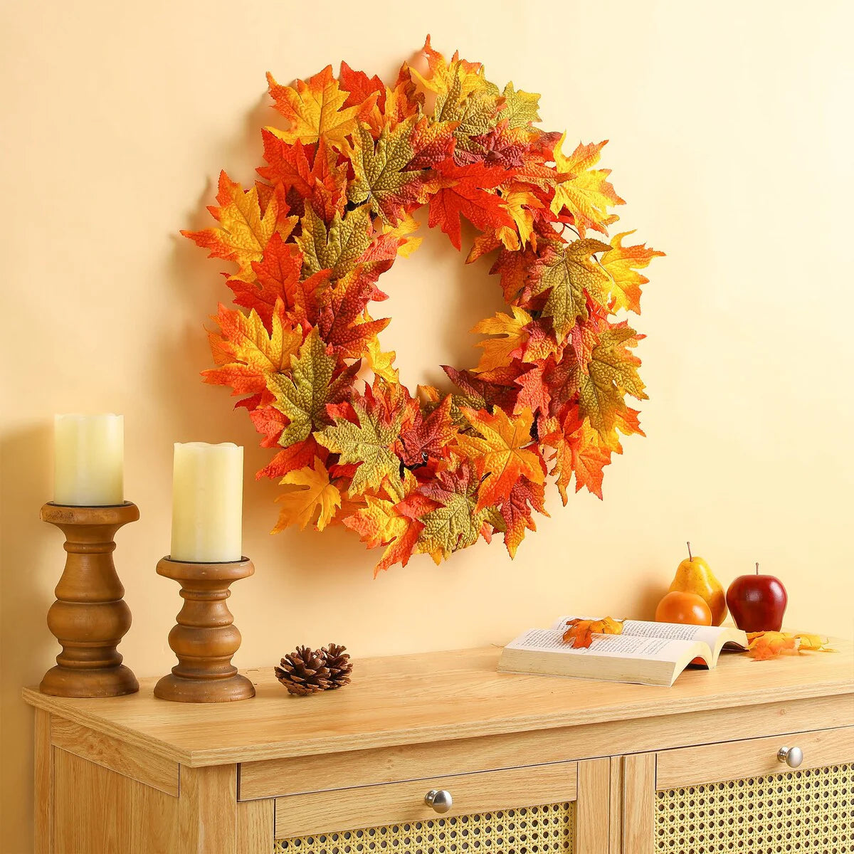 Thanksgiving LED Lighted Fall Maple Leaf Wreath and Garland - Autumn Home Decor