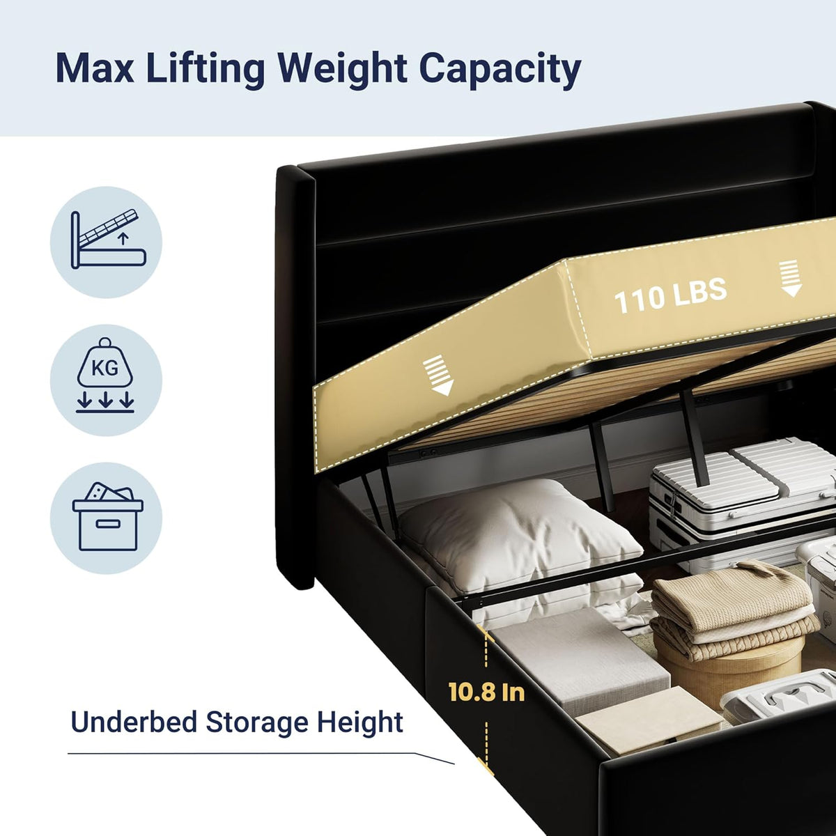 Queen Size Lift Up Storage Bed with Wingback Headboard, Upholstered Platform Bed Frame with Hidden Storage