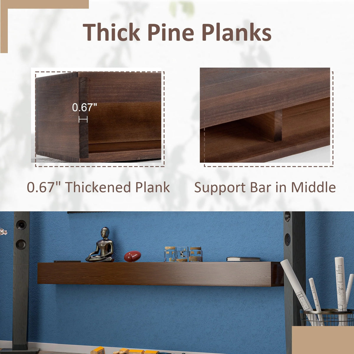 72 Inch Solid Pine Fireplace Mantel, Wall Mounted Floating Shelf in Brown