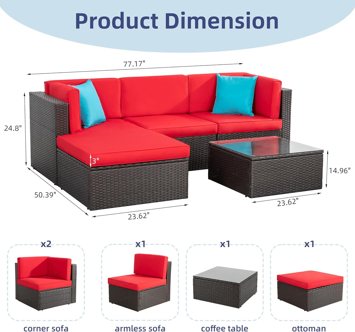 5-Piece All-Weather Patio Furniture Set with Ottoman, Outdoor Wicker Conversation Sofa Set with Cushions for Garden, Deck & Backyard