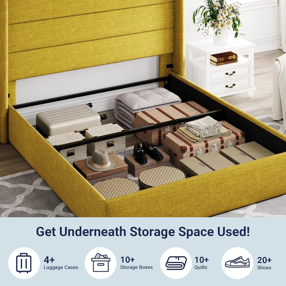 Queen Size Lift Up Storage Bed with Wingback Headboard, Upholstered Platform Bed Frame with Hidden Storage