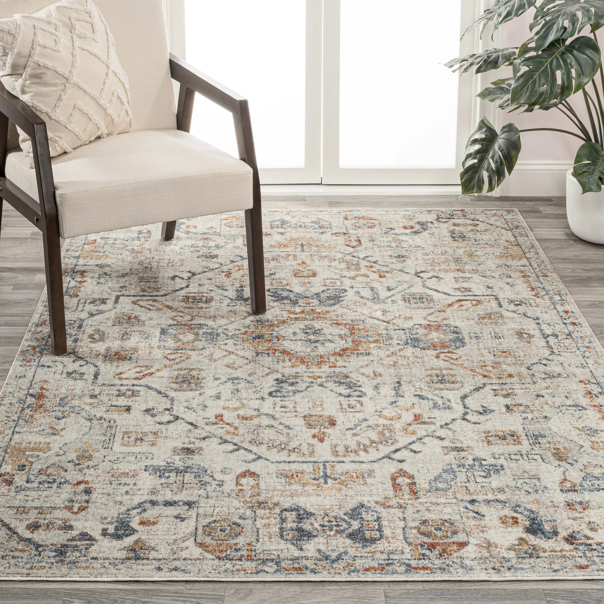 Bohemian Medallion Low-Pile Machine-Washable Area Rug, Cream and Terra