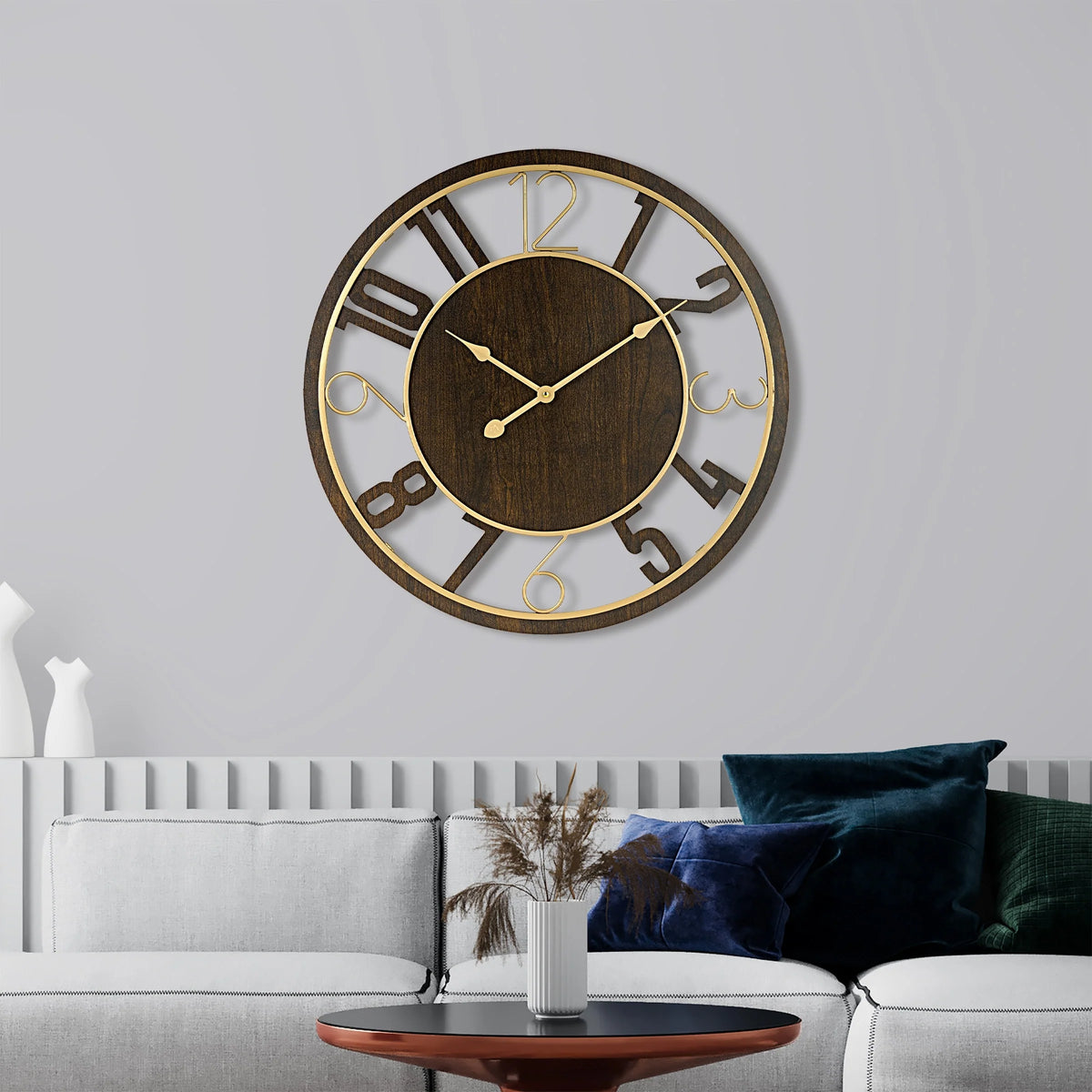 24 Inch Round Wooden Wall Clock, Modern Analog Clock with Numeral Design, Battery Operated