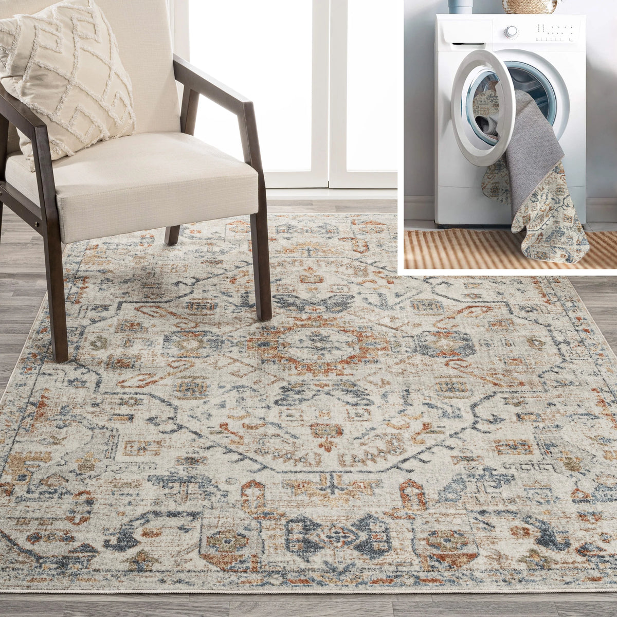 Bohemian Medallion Low-Pile Machine-Washable Area Rug, Cream and Terra