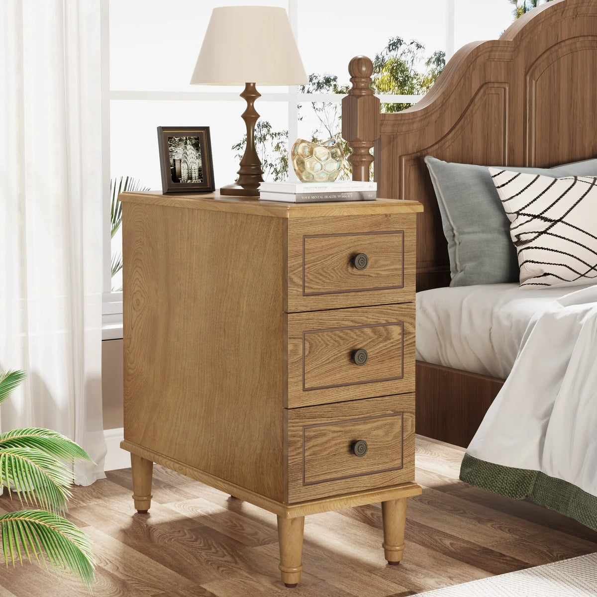 Fully Assembled Narrow End Table, Solid Wood Side Table with 3 Drawers, Vintage Nightstand for Small Spaces