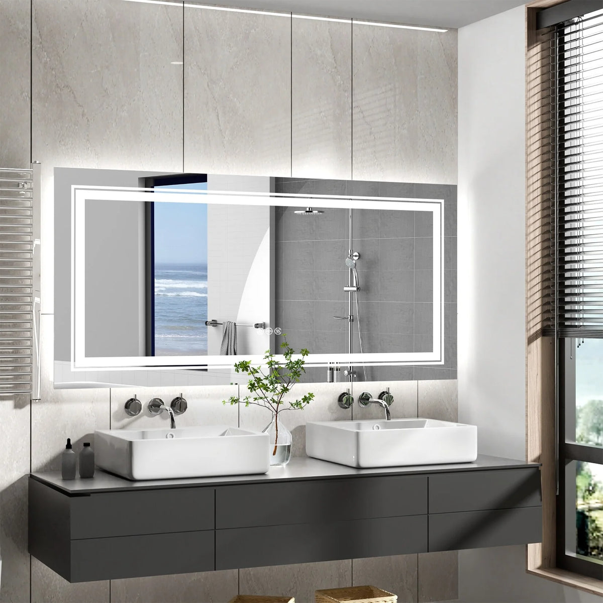 Extra Large LED Lighted Bathroom Mirror, Anti-Fog Wall Mounted Vanity Mirror with 3 Colors