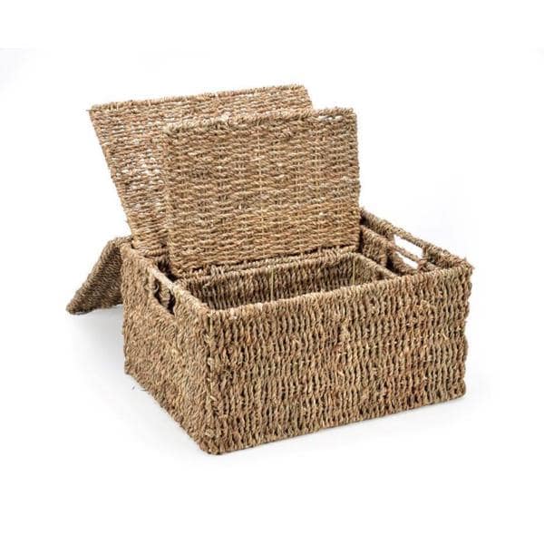 Set of 3 Small Rectangular Seagrass Baskets with Lids, Woven Storage Baskets