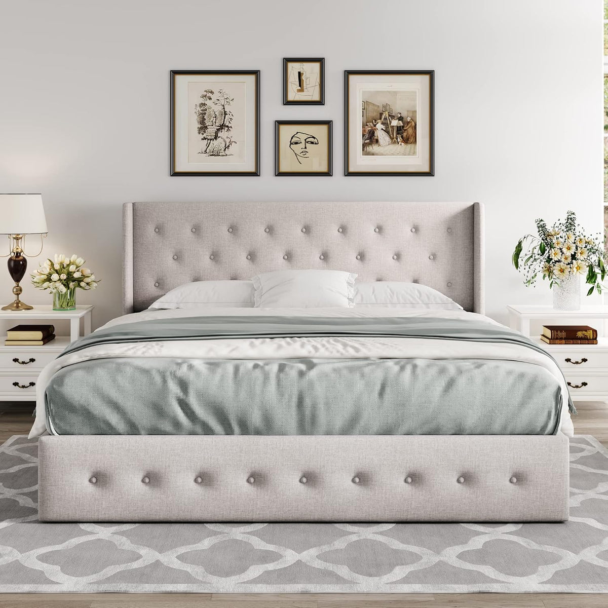 Queen Size Lift Up Storage Bed with Wingback Headboard, Upholstered Platform Bed Frame with Hidden Storage