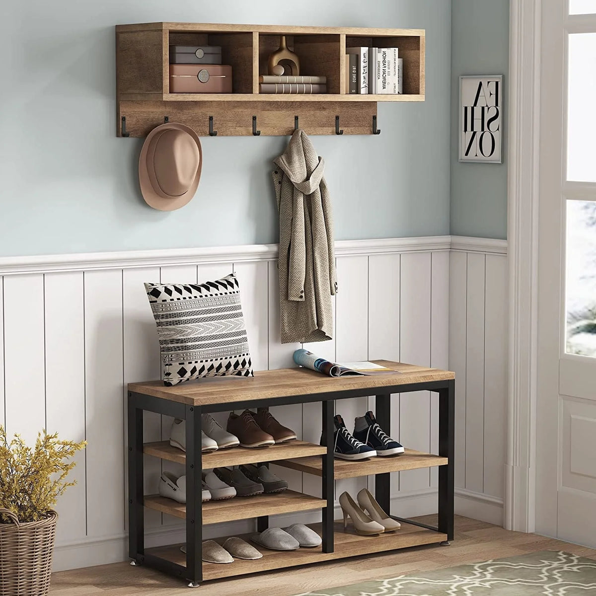 Entryway Coat Rack and Shoe Bench Set, Industrial Hall Tree with Coat and Shoe Storage