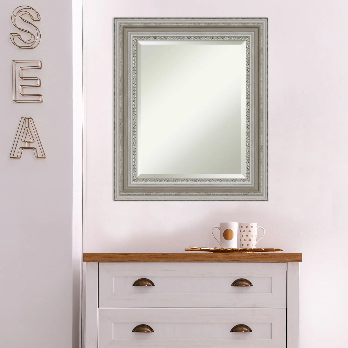 Beveled Bathroom Wall Mirror, Silver Frame Decorative Vanity Mirror for Bathroom, Bedroom and Entryway
