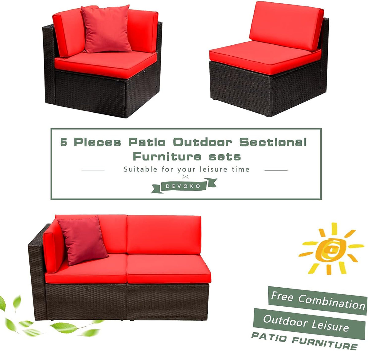 5-Piece All-Weather Patio Furniture Set with Cushions, Outdoor Wicker Conversation Sofa Set for Garden, Deck & Backyard