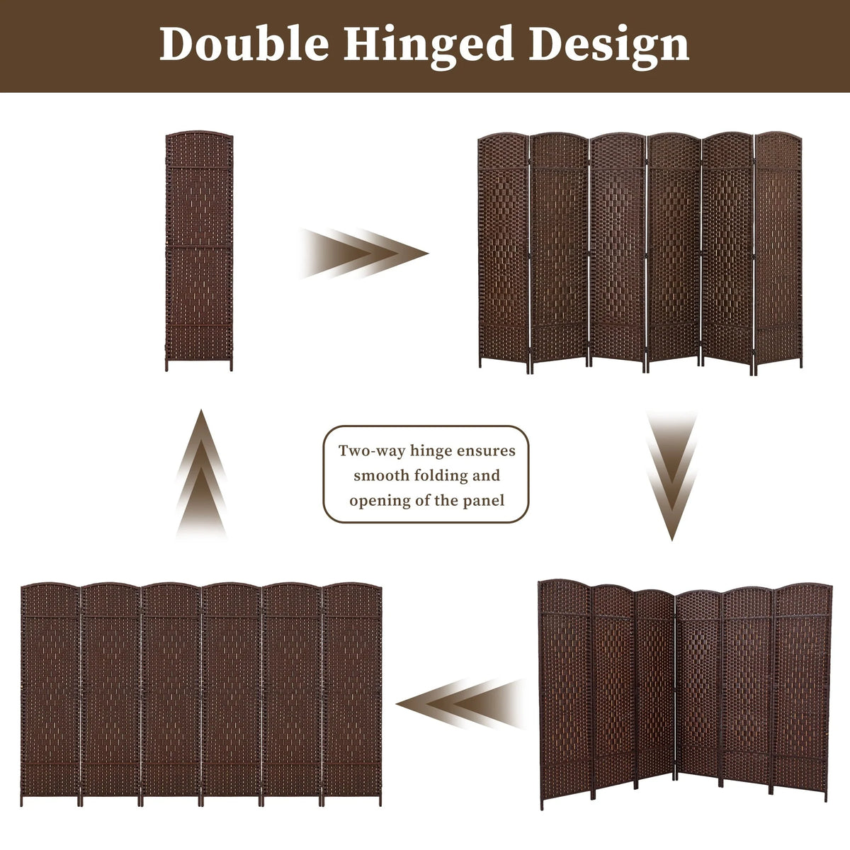 6 FT Tall Woven Fiber Room Divider, Freestanding Folding Privacy Screen