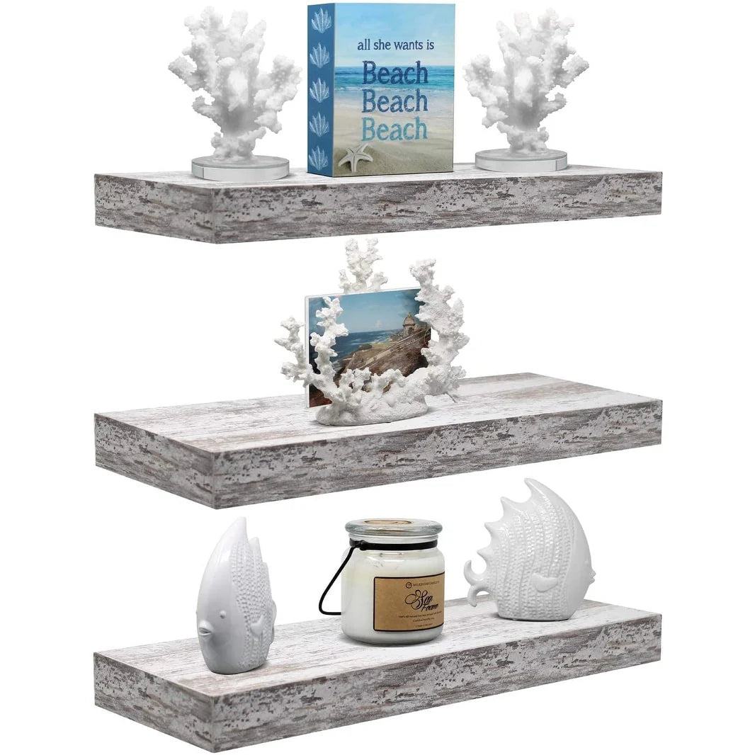 3-Pack Rustic Wood Floating Wall Shelves, Beach Style Hanging Display and Storage Shelves