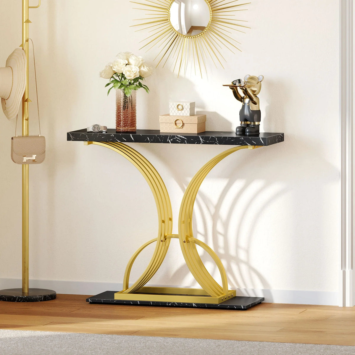 Modern Gold Console Table with Marbled Top, Sofa Table for Entryway and Hallway