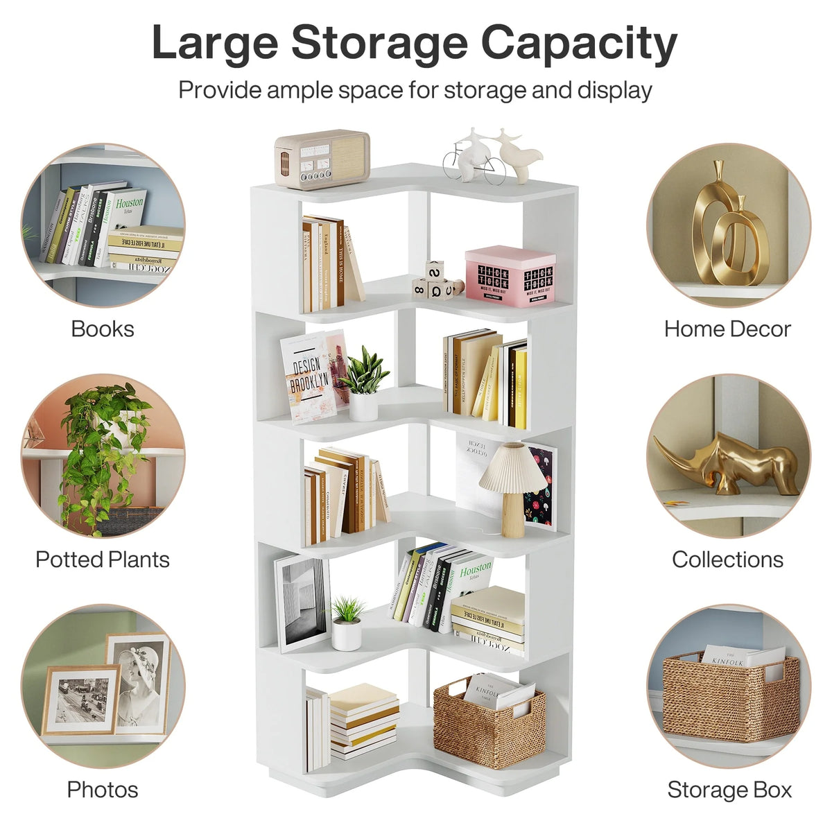 64.9 Inch Tall 6-Tier Corner Bookshelf, Freestanding Wood Industrial Bookcase